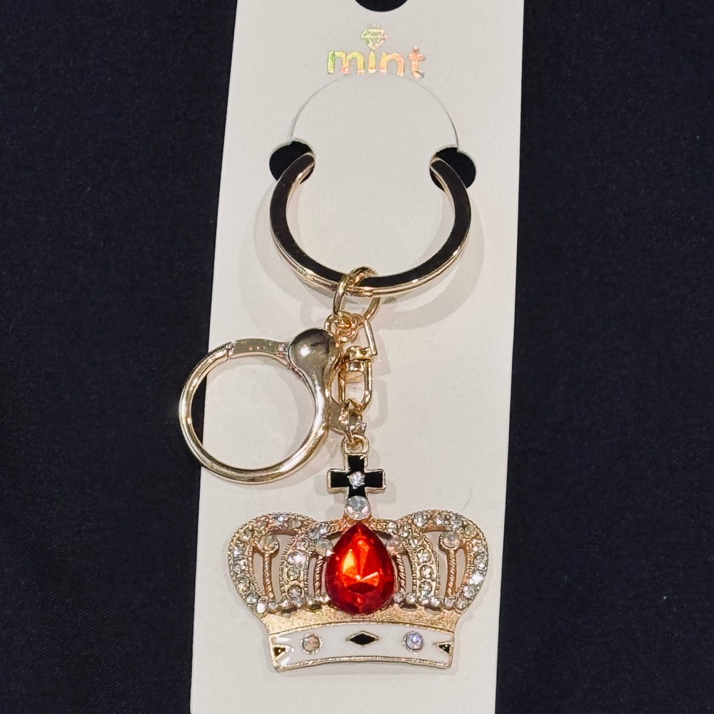 BAG CHARM Mint Gold Tone Crystal Crown Keychain with Sparkling Red Jewel